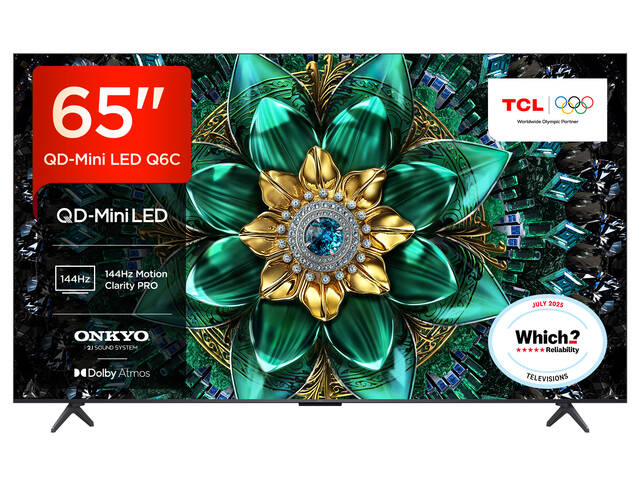 TCL 65Q6C-UK 65" QD-Mini LED TV, 4K HDR Premium 1000nits, Smart TV Powered by Google TV (Dolby Vision IQ & Atmos, Onkyo 2.1 Sound System, 144Hz Motion Clarity Pro, Game Master, 2025 New Model) [Energy Class E]