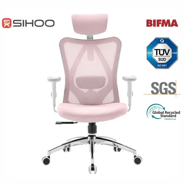 Sihoo M18 ergonomischer Bürostuhl, Computer-Schreibtischstuhl mit verstellbarer Kopfstütze und Lendenstütze, hoher Rücken, Executive-Spin-Stuhl für Home Office (hellrosa)
