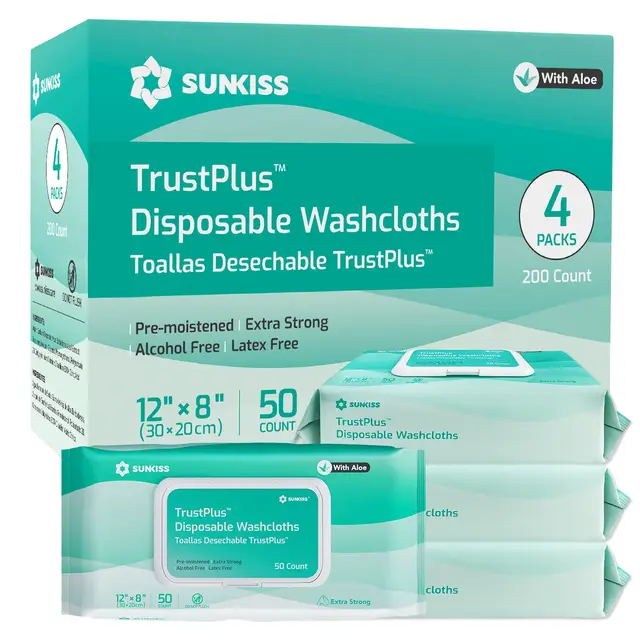 SUNKISS Trustplus Wet Wipes for Adult No Rinse, Extra Large 8”x12” Body Cleaning Washcloths for Elderly Incontinence & Cleansing, Unscented, 200 Count (4 Packs of 50)