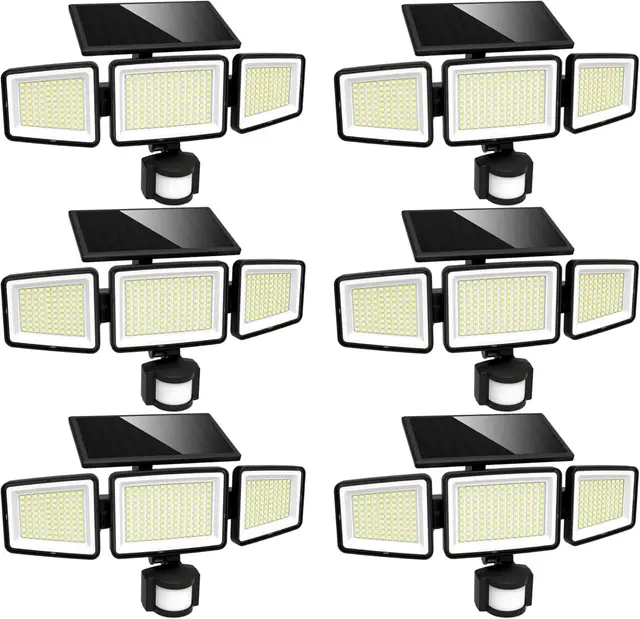 UME Solar Outdoor Lights 302 LED 3000LM, IP65 Waterproof Motion Sensor Outdoor Lights, 3 Heads Solar Security Flood Lights 270 Wide Lighting Angle with 3 Modes for Garden Patio Yard - 6 Pack
