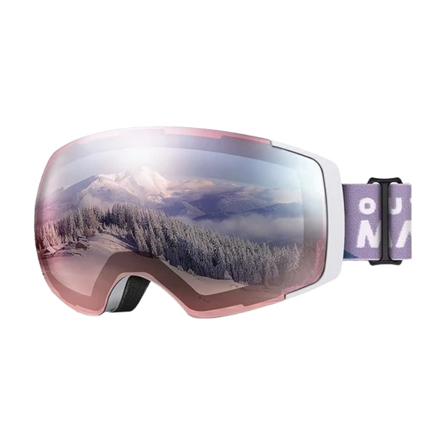 OutdoorMaster PRO Skibrille für Herren & Damen – Weißes Gestell, hellrosarote Linse mit Silber VLT 15%