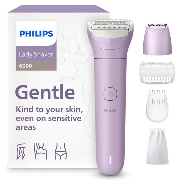 Philips Series 6000 LadyShave | Eenvoudig scheren, zelfs op gevoelige plekken | Met 3 accessoires |Paars | BRL138/00