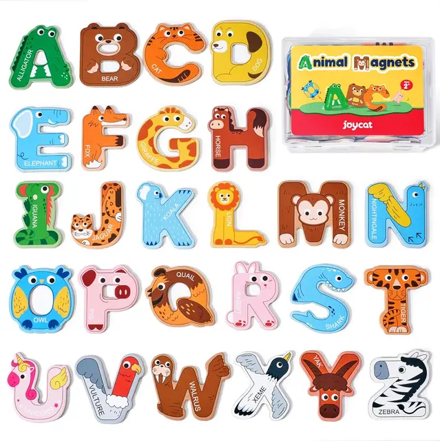 JoyCat Buchstabiermagnete aus Holz - Tier-Motiv-ABC-Magnetbuchstaben in Großformat, 26 Großbuchstaben Lernspielzeug-Set für Kleinkinder und Vorschulkinder, Neujahrssale, Top-Geschenkideen