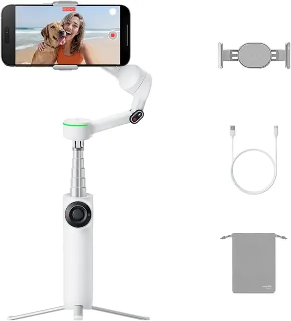 Insta360 Flow 2 Pro Set eisweiß – faltbarer AI-Smartphone-Gimbal, tracking in über 200 apps mit Apple DockKit, 360º schwenk-tracking, integriertes stativ/selfie-stick, fernbedienung, spotlight