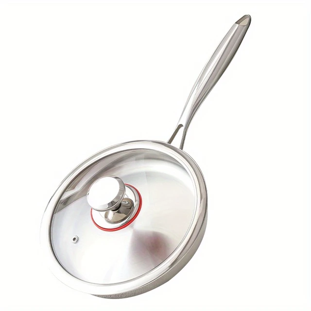 Série de poêles en acier inoxydable triple épaisseur PURECOOK 304 – 1 poêle en acier inoxydable triple épaisseur 28 cm 304 (avec couvercle en verre, bord roulé)