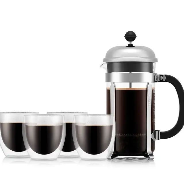 Bodum CHAMBORD 1L French Press Coffee Maker & 4 PAVINA Glasses 250ml