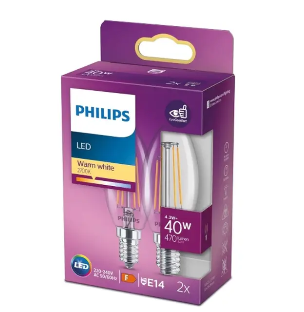 Philips Light Bulb LED Candle Filament Screw E14 Warm White 40W Non-Dimmable