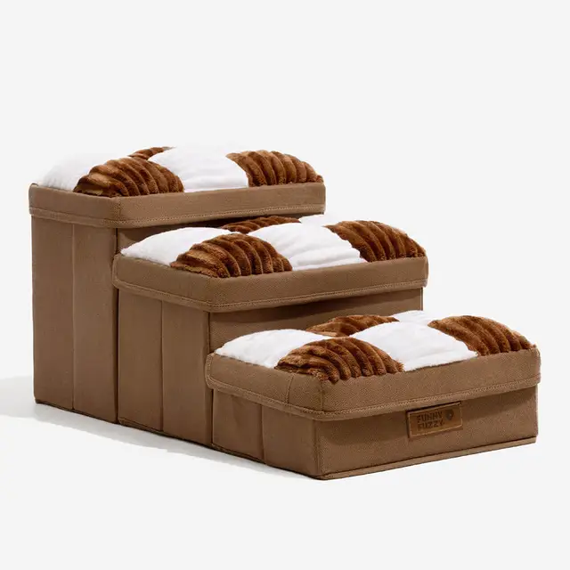 FunnyFuzzy Chessboard Plaid Handcrafted Dog Stairs with Storage Three Steps Brown