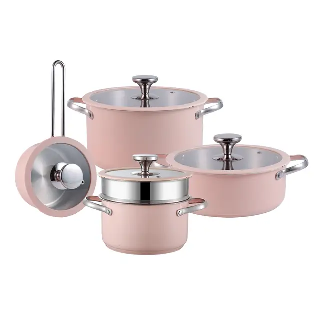 Série de batterie de cuisine PURECOOK en acier inoxydable 304 avec revêtement céramique coloré - 4 pièces
Pot à lait 16 cm, Pot à soupe 18 cm avec insert vapeur, Pot chaud 22 cm, Pot à bouillon 24 cm - Revêtement céramique rose, Base multicouche, Couvercle en verre silicone conducteur de chaleur, Acier inoxydable 304