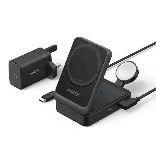 Anker MagGo kabelloses Ladegerät (15 W, 3-in-1, klappbar, schwarz)