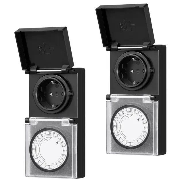 Dewenwils mechanische Zeitschaltuhr für den Außenbereich, analoge Zeitschaltuhr für die Steckdose, IP44 wasserdicht, 15 Min. Intervall, Outdoor-Timer mit Kindersicherung und Schutzabdeckung, 16A/3680W, 2er-Pack