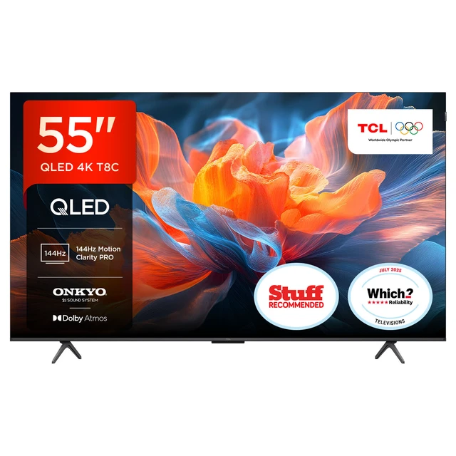 TCL 55T8C 55” QLED 4K Ultra HD, HDR PRO TV, Smart TV Powered by Google TV (Dolby Vision & Atmos, 144Hz Motion Clarity Pro, Voice Control, compatible with Google Assistant, Google Cast)