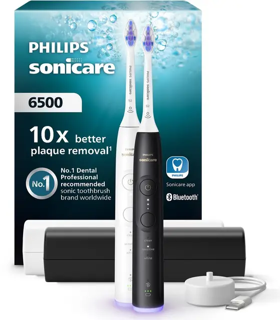 Philips Sonicare 6500 Series - Elektrische Tandenborstel - Zwart & Wit - Duopack - Reisetui - Gevoelige tanden - HX7419/01 