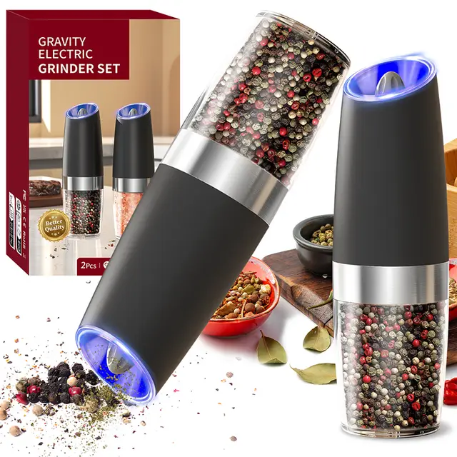 Cuisync 2-Piece Gravity-Fed Electric Salt and Pepper Mill Set, Battery-Powered LED Light, One-Handed Operation, Adjustable Coarseness, Electric Salt and Pepper Mill, DGS-KYMQ-50B