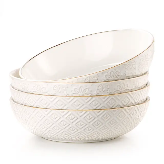 Dafuceramic 8.5Inch Pasta Bowls, 36OZ Serving Bowls, Salad Bowls Set of 4 Ceramic Sturdy & Stackable, Ideal for Housewarming, Festivals,Multicolor,White