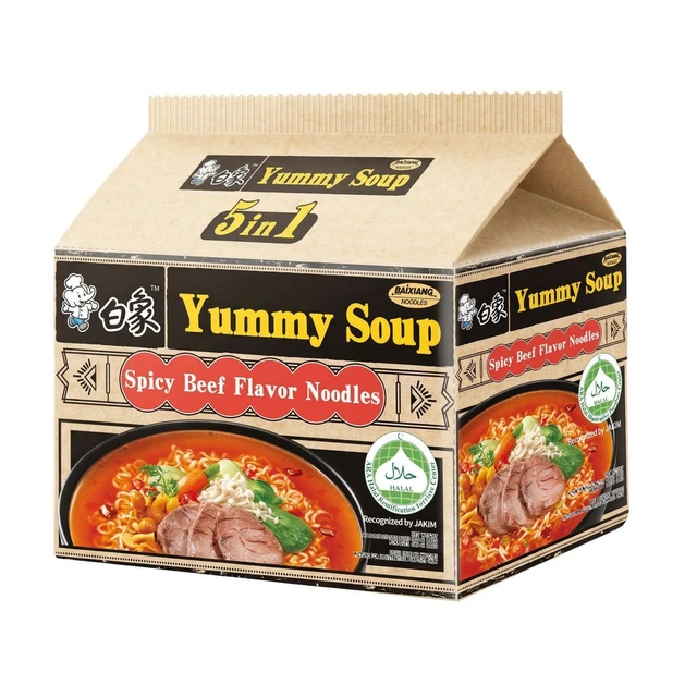 Baixiang Köstliche Suppe, Halal, würzige Rindfleischnudelsuppe 96g*5