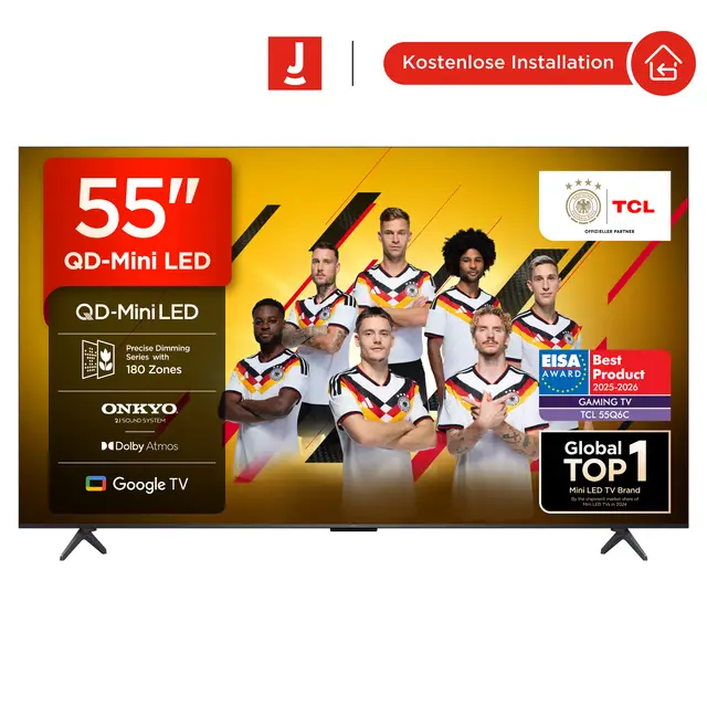 TCL 55Q6C QLED Mini LED Fernseher, 55 Zoll, 4K HDR Premium, Dolby Vision IQ & Atmos, Onkyo 2.1 Sound, Smart TV mit Google TV, Game master, 144Hz Motion Clarity Pro, AMD FreeSync Premium Pro, HDMI 2.1, AirPlay 2, Google Assistant & Alexa