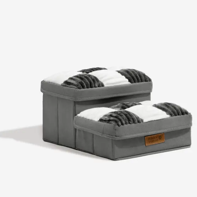 FunnyFuzzy Chessboard Plaid Handcrafted Dog Stairs with Storage Two Steps Gray