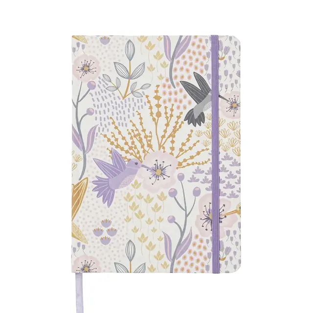Jubiluu A5 Floral Fabric Hardcover Lined Notebook - 96 Sheets (100g offset paper), Bookmark & Elastic Band - Classic Cream Ruled Journal for Writing, School, Office, and Gifts-Lavender Flight