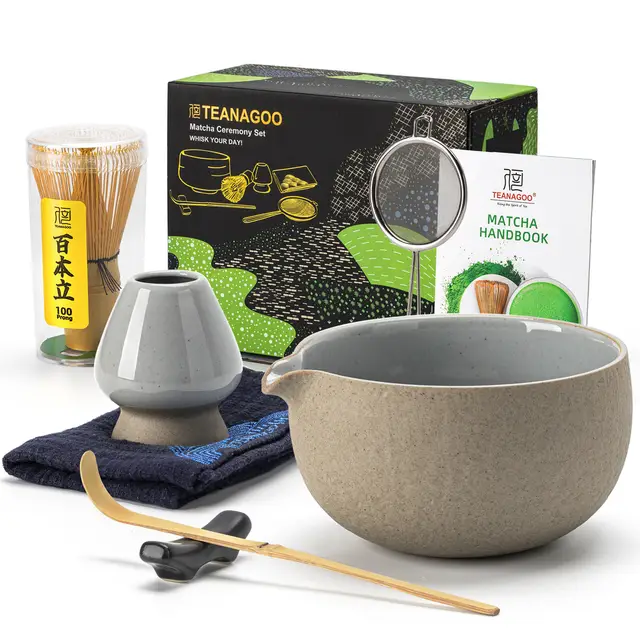 TEANAGOO Fouet à Matcha, Set Matcha 7 Pièces, Kit Matcha pour Cérémonie, Set à Thé Matcha pour Préparer Petit-Déjeuner/Latte, Set Fouet à Matcha et Bol (Chawan) avec Tous les Accessoires, Cadeau pour Amateur de Matcha, Soldes du Nouvel An, Idées Cadeaux Incontournables