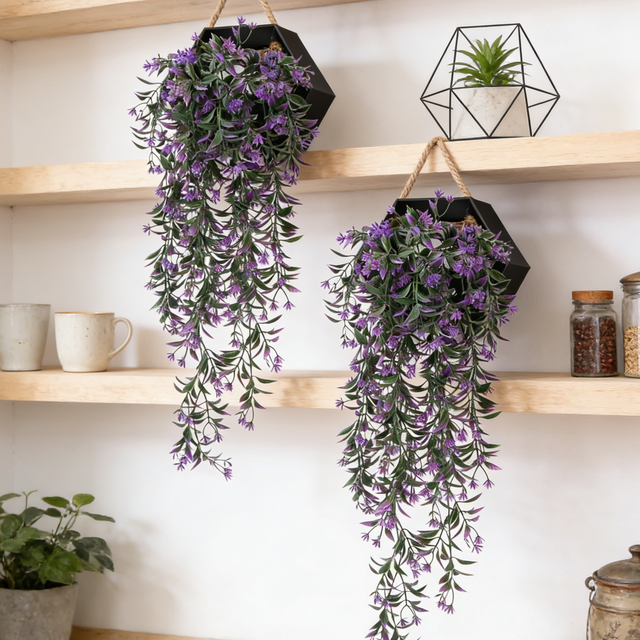 2Pcs 31.49in/80cmArtificial flower wall hanging simulation plant rattan wall hanging indoor wall decoration chlorophytum comosum false flower golden bell willow ceiling decoration(purple)
