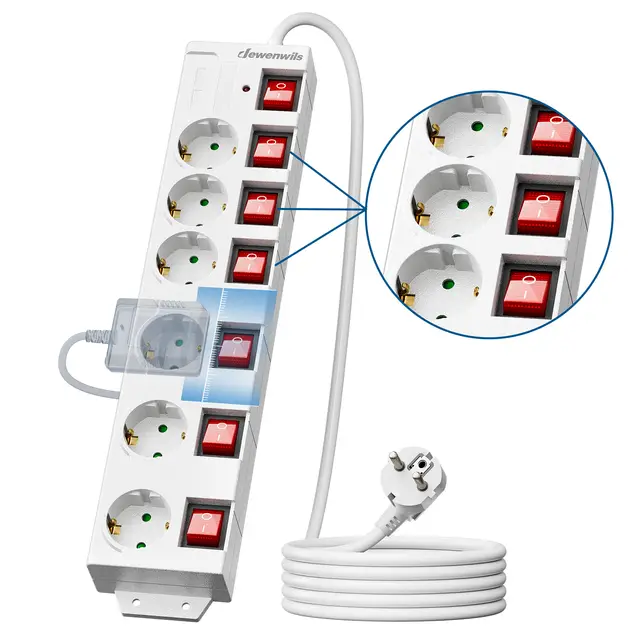 Dewenwils 6-fach-Steckdose mit einzeln schaltbaren Steckdose, Überlastschutz, Kinderabschaltung, 90°-Winkelsteckdosen, 5 m, weiß