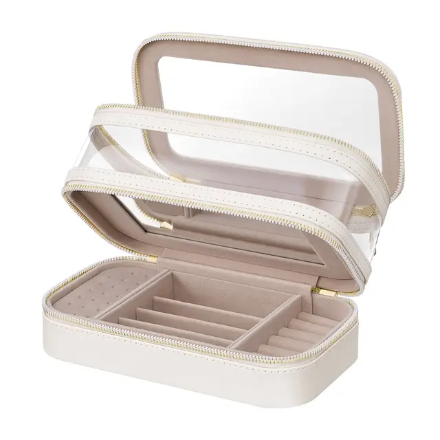 SONGMICSHOME Kosmetiktasche mit Spiegel, Schmuckkästchen und Pinseltasche, Organizer für Reisen, Geschenkidee, weiß