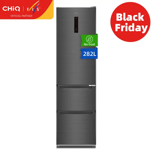CHiQ Vrijstaande vorstvrije koelkast van 282 L met vrieslades, 282 L, dubbel omvormersysteem, vorstvrij, multiluchtstroom, slim elektronisch touch-systeem, compressor met 12 jaar garantie, laag geluidsniveau van 37 dB, energiezuinig, zwart，CID282NEIBE