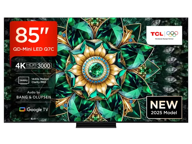 TCL 85Q7C QLED Mini LED Fernseher, 85 Zoll, 4K HDR Premium, Dolby Vision IQ & Atmos, Smart TV mit Google TV, Bang & Olufsen 6.2.2 Sound, 144Hz VRR, AMD FreeSync Premium Pro, HDMI 2.1, AirPlay 2, Alexa, IMAX Enhanced