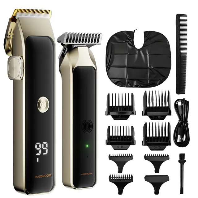 MAXGROOM Hair Clippers Set, Professional Cordless Hair Clipper & T-Blade Trimmer Kit for Men, Women & Kids, Adjustable Guide Comb, LCD Display, Dual Speed, Home Family Haircut Grooming Set