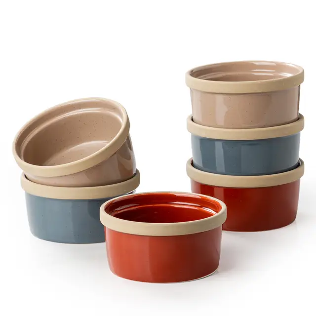 DAFUCERAMIC Ramequins 8oz Résistants au Four, Coupelles en Céramique pour Crème Brûlée et Soufflés, Pots à Pudding et Flans, Petits Bols pour Sauces et Trempettes, Lot de 6, Compatibles Micro-ondes et Lave-vaisselle (Couleurs Artisanales)