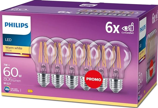 Philips Light Bulb LED Globe Filament Screw E27 Warm White 60W Non-Dimmable 6pcs