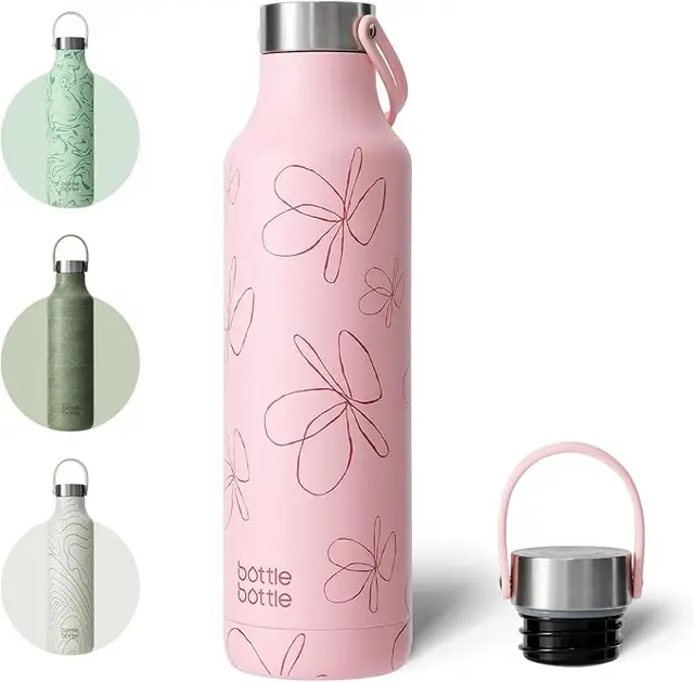 Bottle Bottle Gourde isotherme en acier inoxydable à isolation sous vide avec poignée 600 ml - Fleur rose