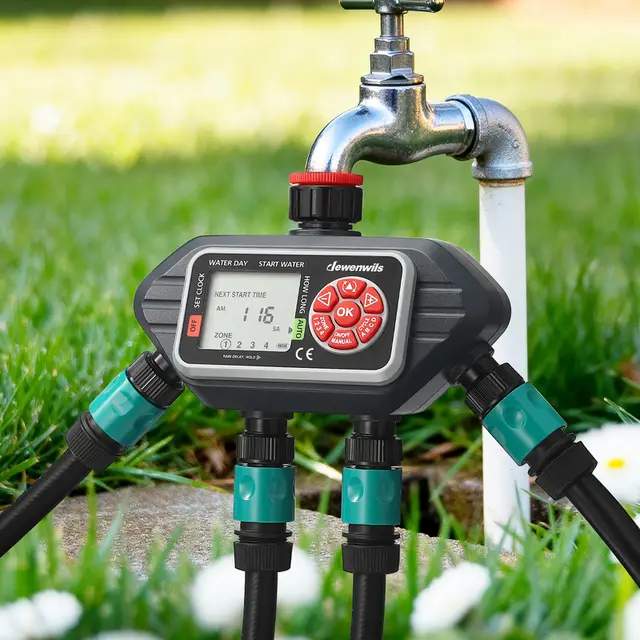 Dewenwils programmierbarer Bewässerungstimer für 4 Zonen, für Gartenschlauch mit Regenverzögerung, Hand- und Automatikmodi