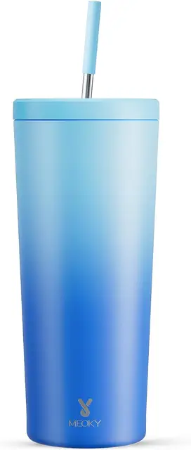Meoky 24 oz Isolierter Tumbler mit Deckel und Strohhalm, Edelstahl, vakuumisoliert, wärmt 24 Stunden, 100 % auslaufsicher, passt in den Kfz-Becherhalter (Sky), Neujahrssale, Top-Geschenkideen