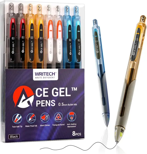 WRITECH Fijne Puntpennen: 0,5 mm Fijne Puntpen Inkt Zwart 8 stuks Grote Capaciteit Stil Klikpen Zachte Grip Snel Droog Glad Schrijven Notities Nemen Geen Doorbloeding & Vlekken ACE Gel