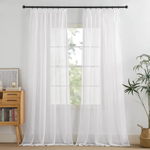 PONY DANCE Sheer Linen Look Curtains Pencil Pleat, 2 Panels W140xL245cm (W55xL96inch), White