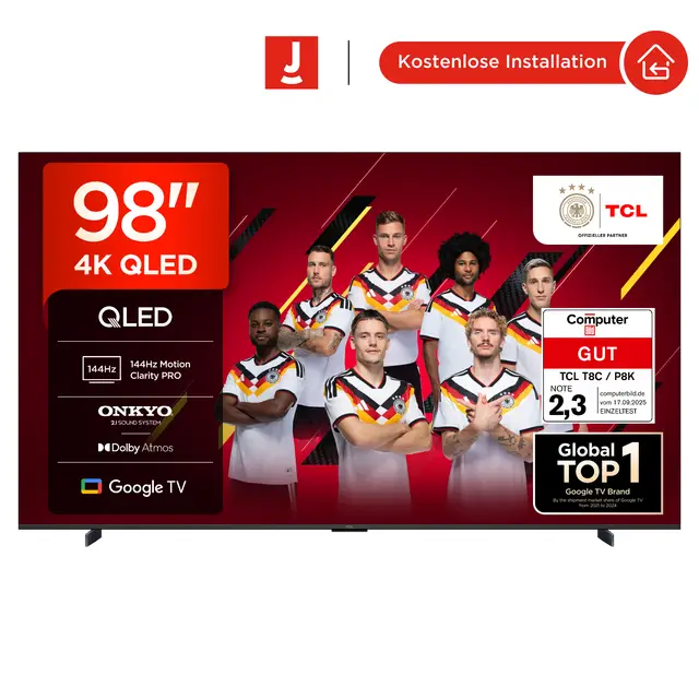 TCL 98T8C 98 Zoll QLED 4K HDR Ultra HD Fernseher, Smart TV mithilfe von Google TV (Dolby Vision Atmos, 144Hz Motion Clarity Pro, Game Bar, ALLM, FreeSync, Onkyo 2.1 Sound,Sprachsteuerung)