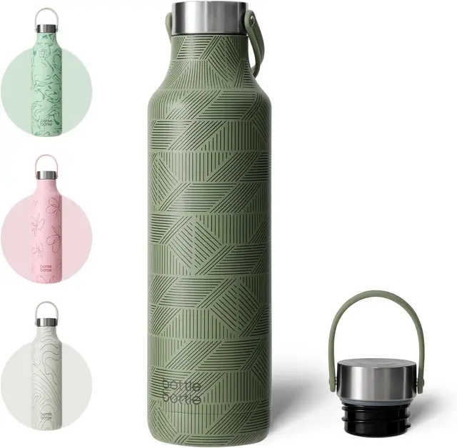 Bottle Bottle 600 ml Thermo-Trinkflasche mit Tragegriff, Wander-Trinkflasche (Streifen, Grün), Neujahrssale, Top-Geschenkideen