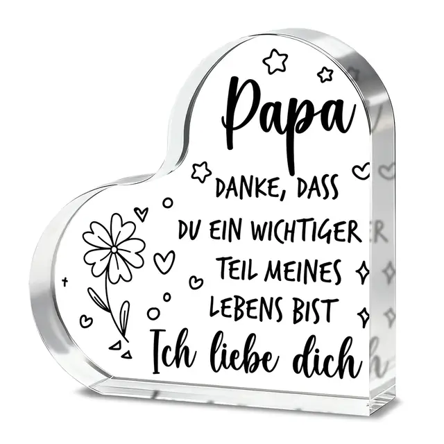 Alphynix 1 Stück Heart Crystal Plakette, „Papa, danke dass du ein wichtiger Teil meines Lebens bist“, Vater-Geschenk mit floralem und Sternen-Motiv