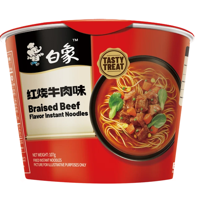 Bai Xiang Flavor Rich Classic Braised Beef Flavor Instant Noodles *12 Buckets (Carton)