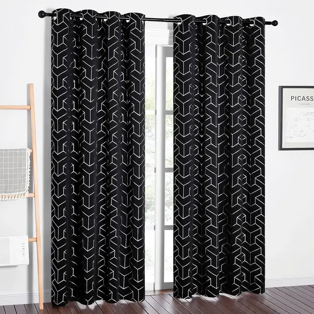 PONY DANCE Foil Printed Blackout Curtains Eyelet, 2 Panels W140 x L245cm (W55 x L96inch), Black