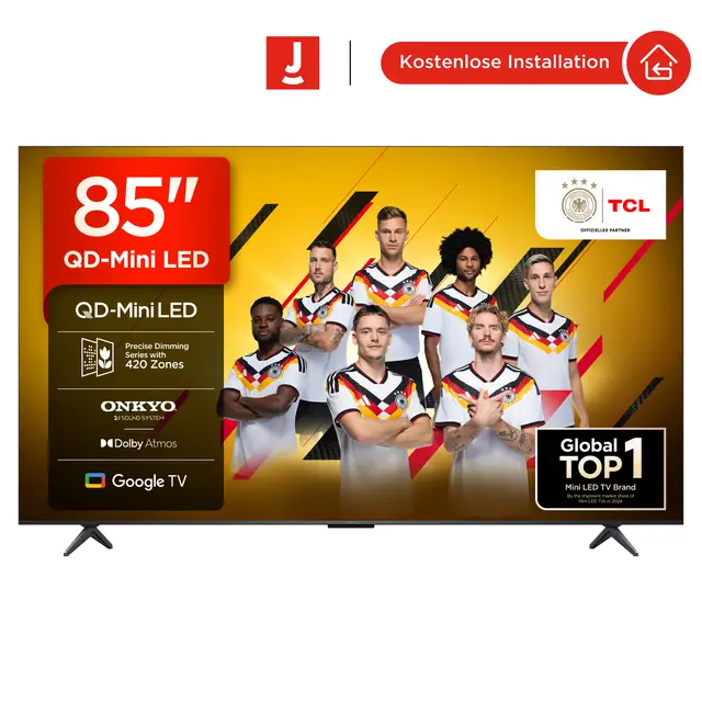 TCL 85Q6C QLED Mini LED Fernseher, 85 Zoll, 4K HDR Premium, Dolby Vision IQ & Atmos, Onkyo 2.1 Sound, Smart TV mit Google TV, Game master, 144Hz Motion Clarity Pro, AMD FreeSync Premium Pro, HDMI 2.1, AirPlay 2, Google Assistant & Alexa