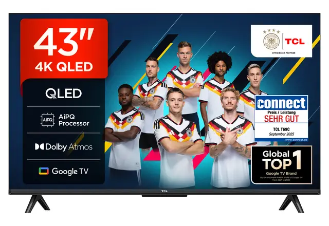 TCL 43T69C 43 Zoll QLED, Direct LED, 4K HDR, Smart Google TV mit Dolby Vision & Atmos, Game Master, Motion Clarity, Google Assistant & Alexa