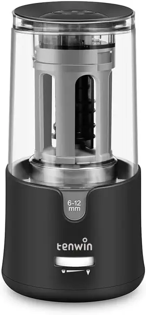 tenwin Electric Pencil Sharpener, AC Adapter Powered, with Container for 6-12mm Coloured Pencils, Auto Stop, for Artists, Kids, Office & School, Portable, Heavy Duty (Black)