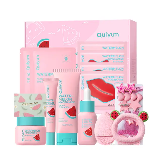 QUIYUM Weihnachts- / Neujahrsgeschenk Geschenkset mit Wassermelonen-Hautpflege (13-teilig) - Gesichtsreiniger 100 g, Serum 30 ml, Augencreme 20 g, Gesichtscreme 50 g, Augenmaske 6 g × 2, Lippenmaske 6 g × 2, Gesichtsmaske 25 g × 2, mit Haargummi und Gesichtspuffer
