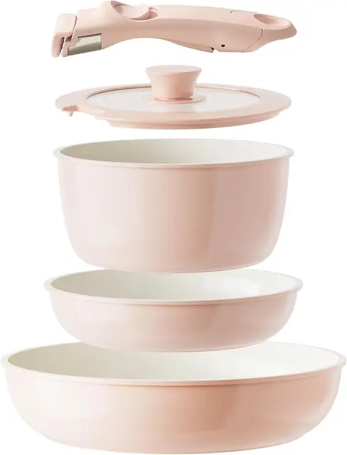 Redchef 5-teiliges Keramik-Kochgeschirr-Set, inklusive 20 cm Stielkasserolle mit Deckel und 20 cm/26 cm Bratpfannen, abnehmbarer Griff, PTFE/PFOA/PFAS-frei, spülmaschinengeeignet, außen pink, innen weiß