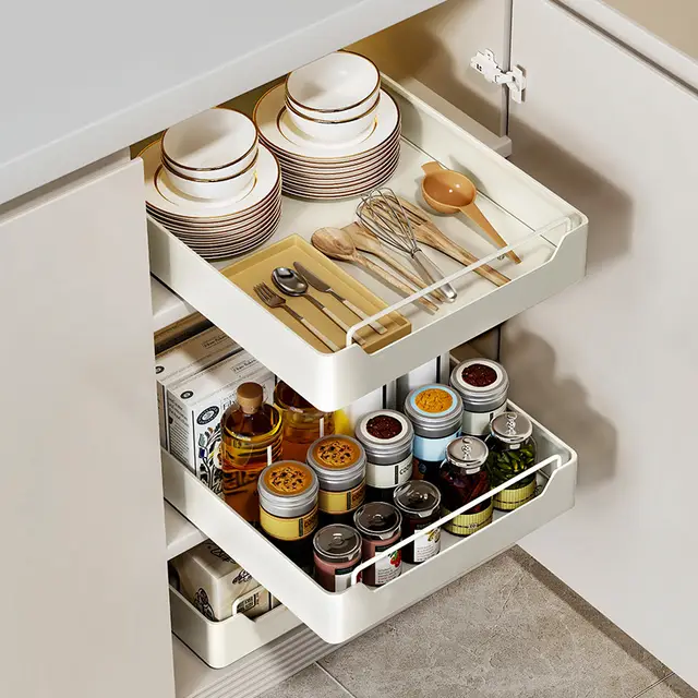 VIVREAL Pull-out Storage Rack with Sliding Rail – Carbon Steel Kitchen Cabinet Organizer, Easy Installation, White, S4030W