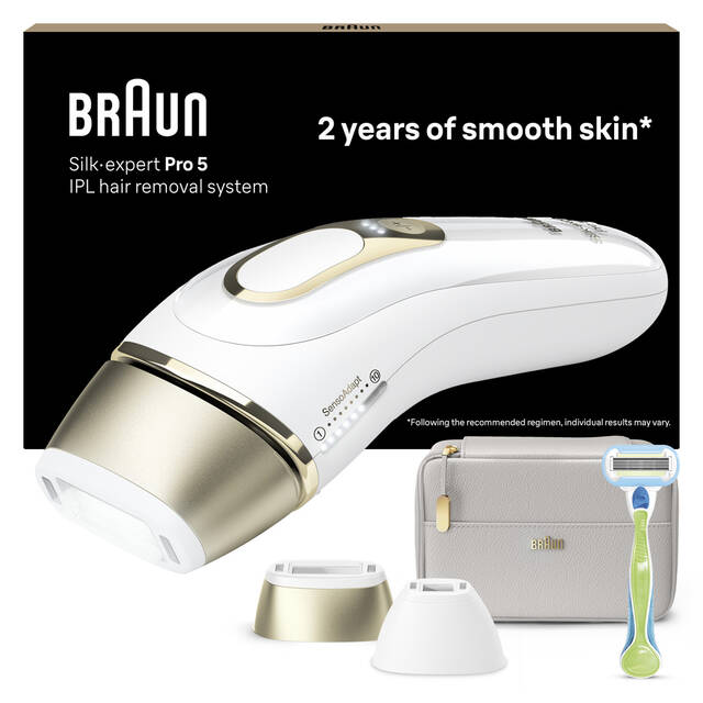Braun IPL Silk-Expert Pro 5 PL5124, At Home Hair Removal Device with Pouch and 2 attachments, White/Gold