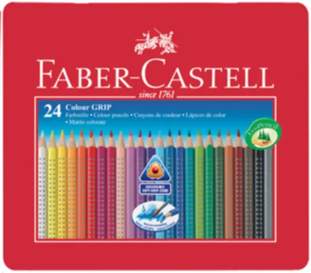 Faber-Castell Colour Grip Non Slip Grip, Assorted Colours, Tin of 24 Ergonomic Triangular Shape